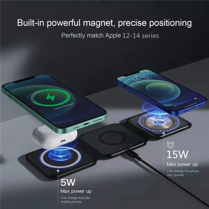 3 In 1 Foldable Magnetic Wireless Charger & Stand for iPhone & Apple Watch